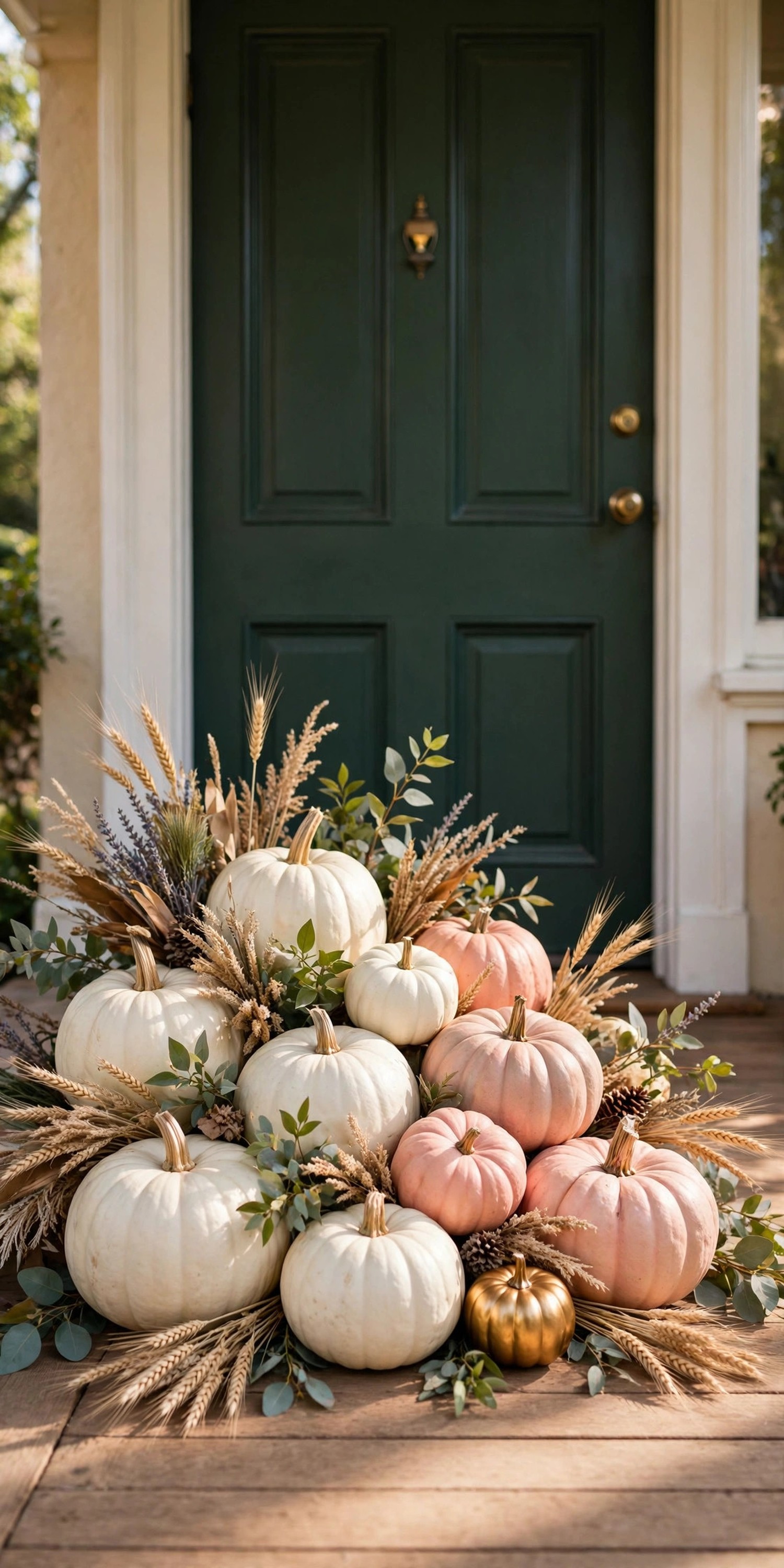 White and blush pumpkins with wheat sprigs before a dark green door