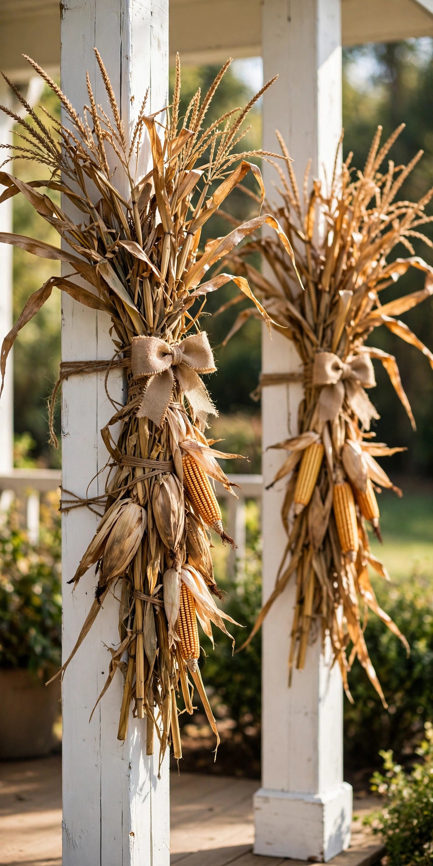 Dried corn stalk bundles with burlap bows tied to porch posts