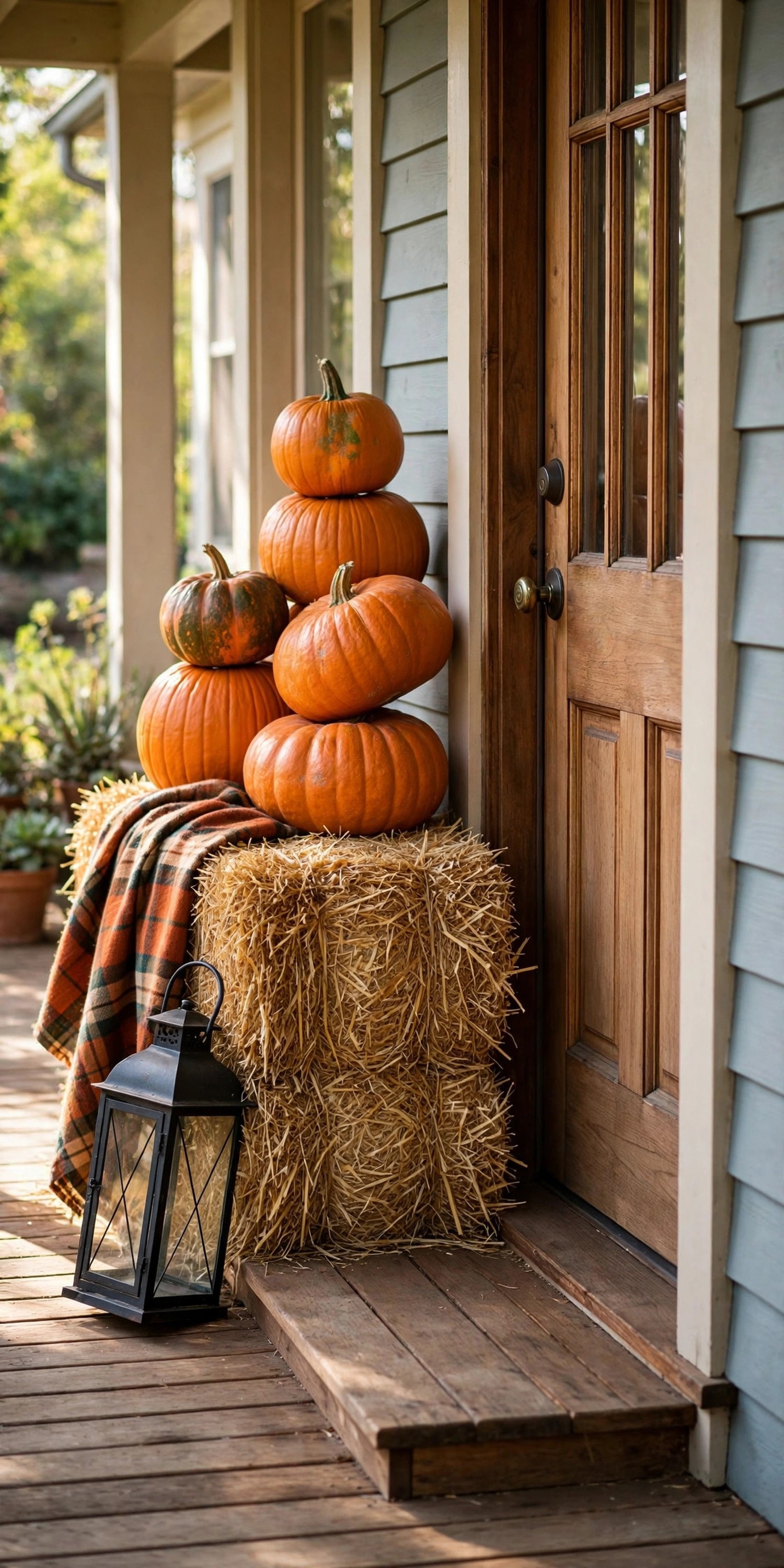 Straw bale riser with pumpkins lantern and plaid throw by front door