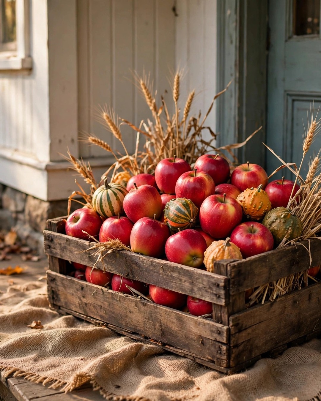 Wooden crate filled with apples, gourds and dried wheat by a front door