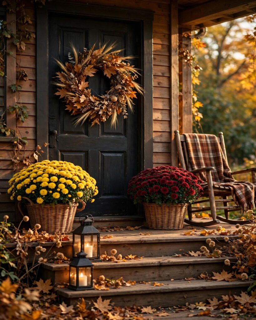 Welcoming fall front porch with a harvest wreath, mums in baskets and a rocking chair
