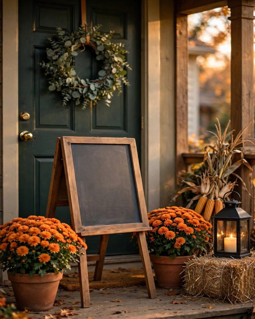 Blank chalkboard easel sign on a fall porch with mums, a lantern and corn stalks