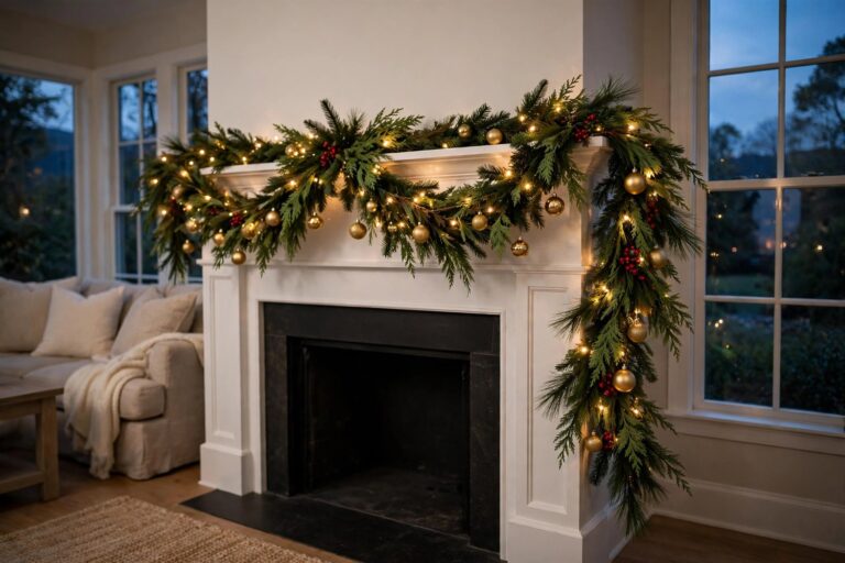 Christmas mantel garland of layered pine and cedar draped in swags with woven fairy lights, red berries and gold ornaments