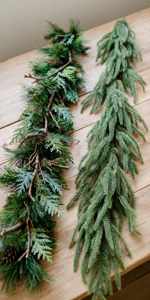 Fresh pine and cedar garland beside a faux Norfolk pine garland on a wooden table