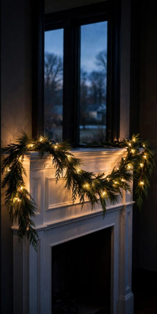 Mantel garland glowing at dusk with fairy lights woven inside the greenery