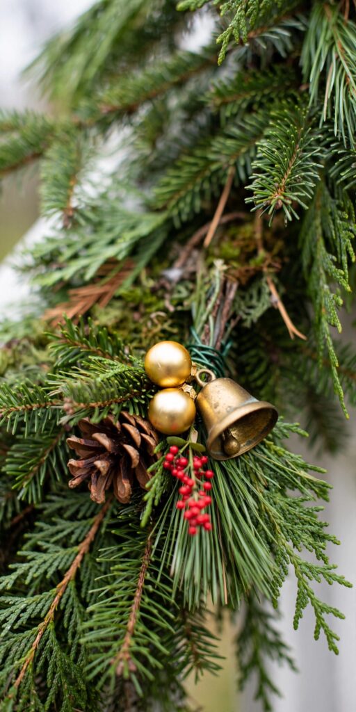 Wired cluster of gold ornaments, a brass bell, pinecone and berries in a garland