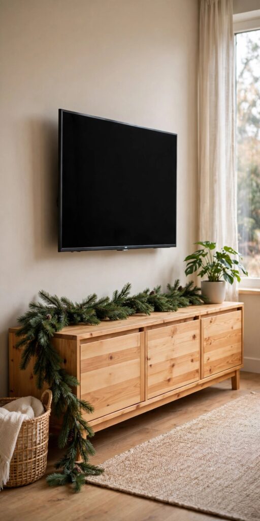 Garland draped along a TV console under a wall-mounted television