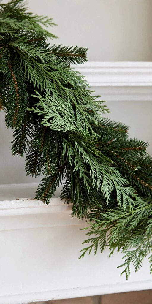 Close-up of cedar sprays woven through a pine mantel garland