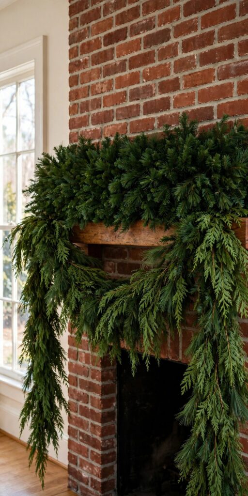 Two garlands layered together for extra fullness on a brick mantel
