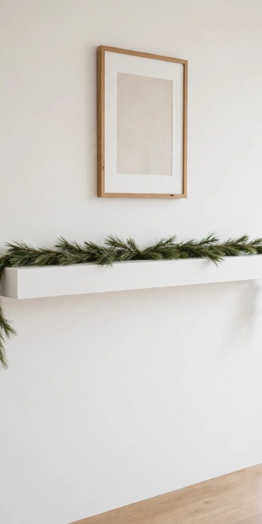 Pine garland laid straight along a modern white mantel shelf