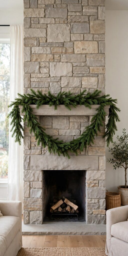 Pine garland in a single center swag on a stone fireplace mantel
