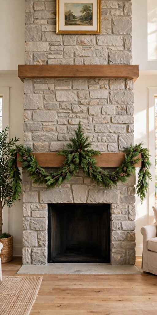 Garland draped in two even swags with a center gathering point on a stone mantel