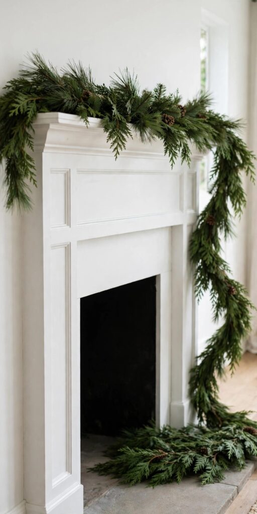 Garland cascading down one side of a white fireplace to the floor