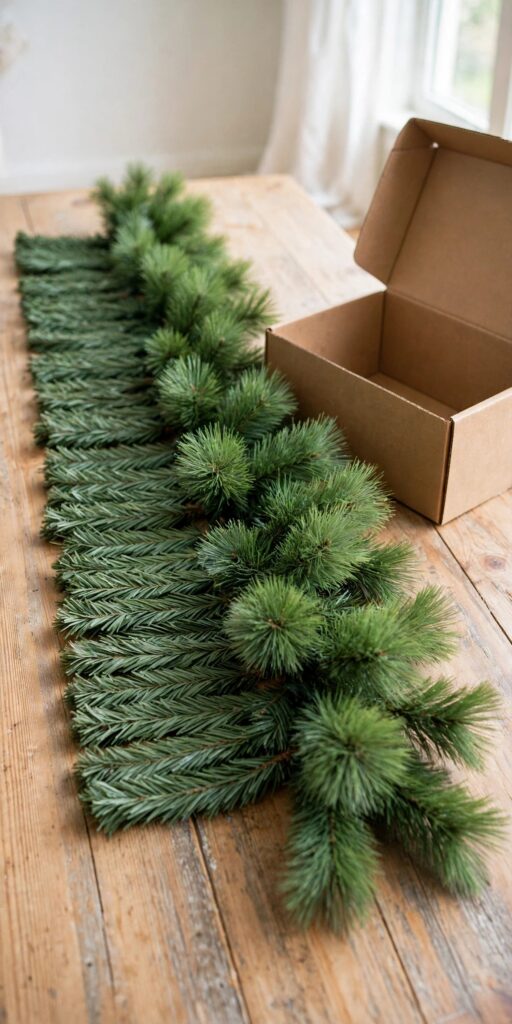 Faux garland beside its storage box, half fluffed and half flat