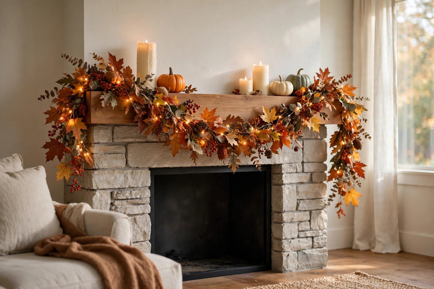 Fall leaf garland with fairy lights on fireplace mantel