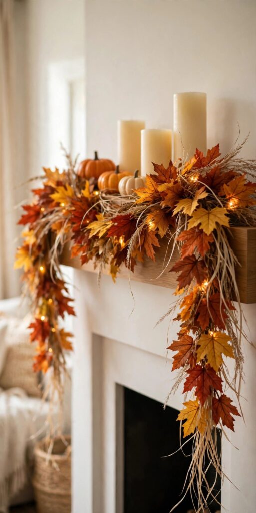 Fall leaf garland on fireplace mantel with candles and pumpkins