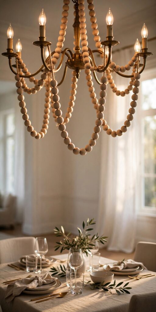 Wood bead garland draped on dining room chandelier