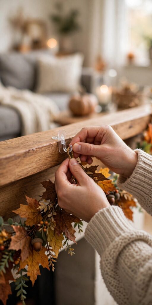 Hands hanging fall garland on mantel with clear hook