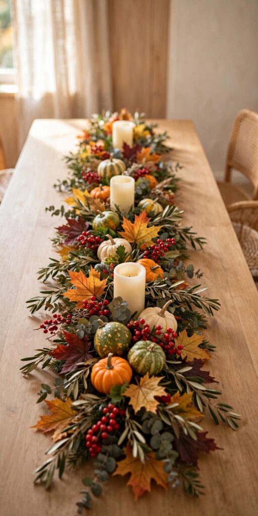 Fall garland table runner on dining table with candles