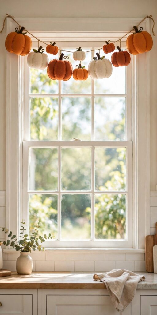 Felt pumpkin garland across kitchen window