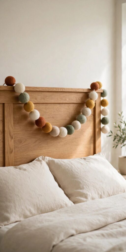 Felt ball garland in fall colors on bedroom headboard