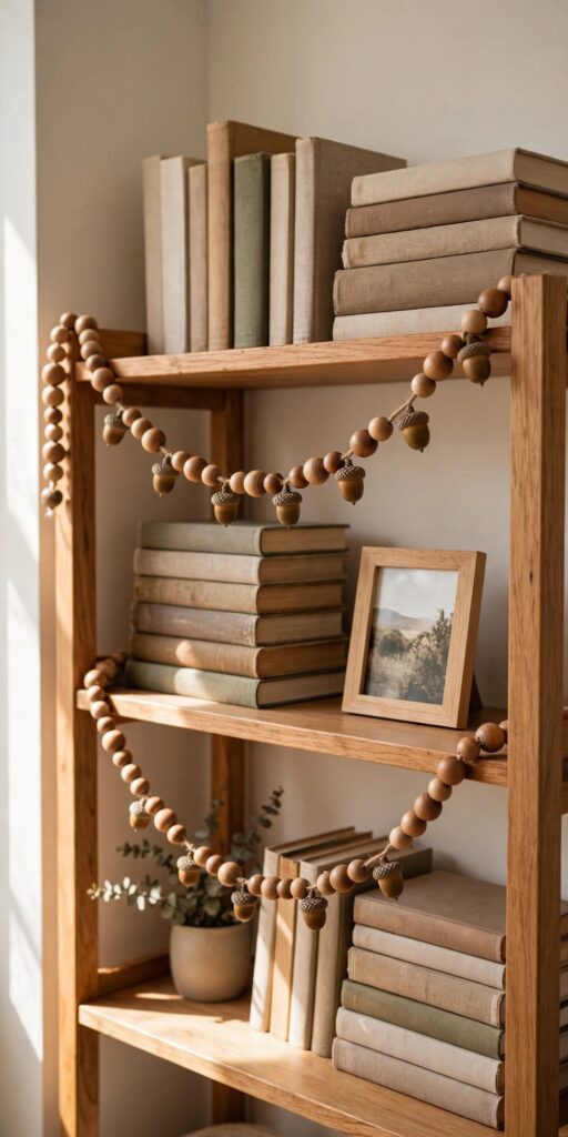 Acorn and wood bead garland on bookshelf