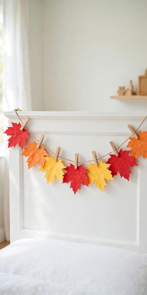 Paper leaf garland with clothespins in kids bedroom