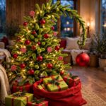 Crooked lime-green Christmas tree with red ornaments, lollipop swirls and a sack of presents in a cozy living room