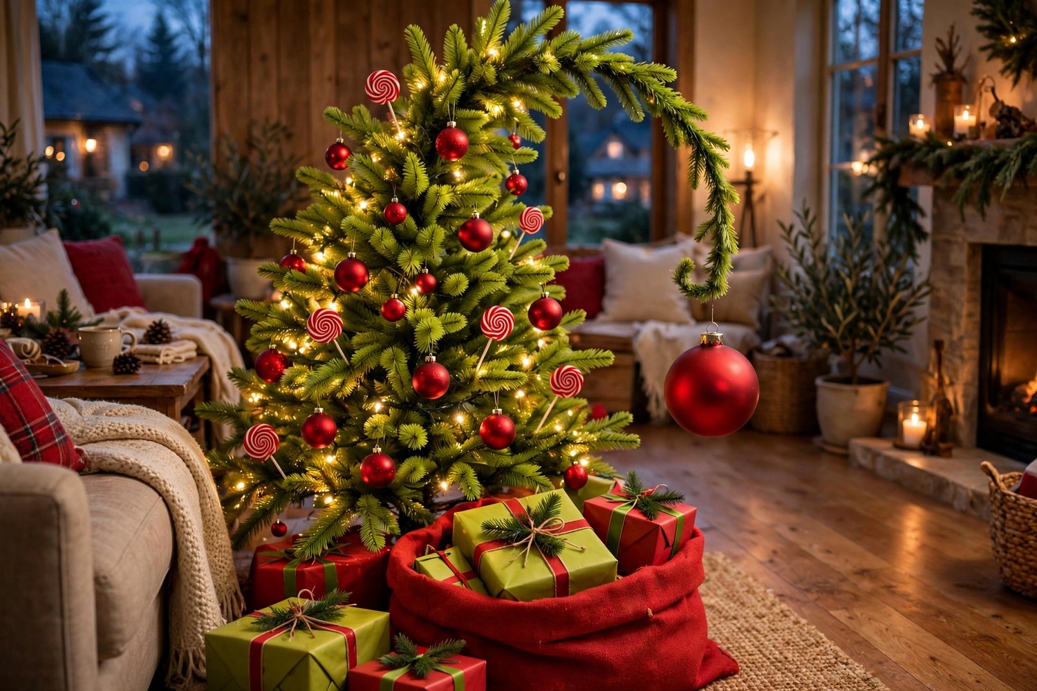 Crooked lime-green Christmas tree with red ornaments, lollipop swirls and a sack of presents in a cozy living room