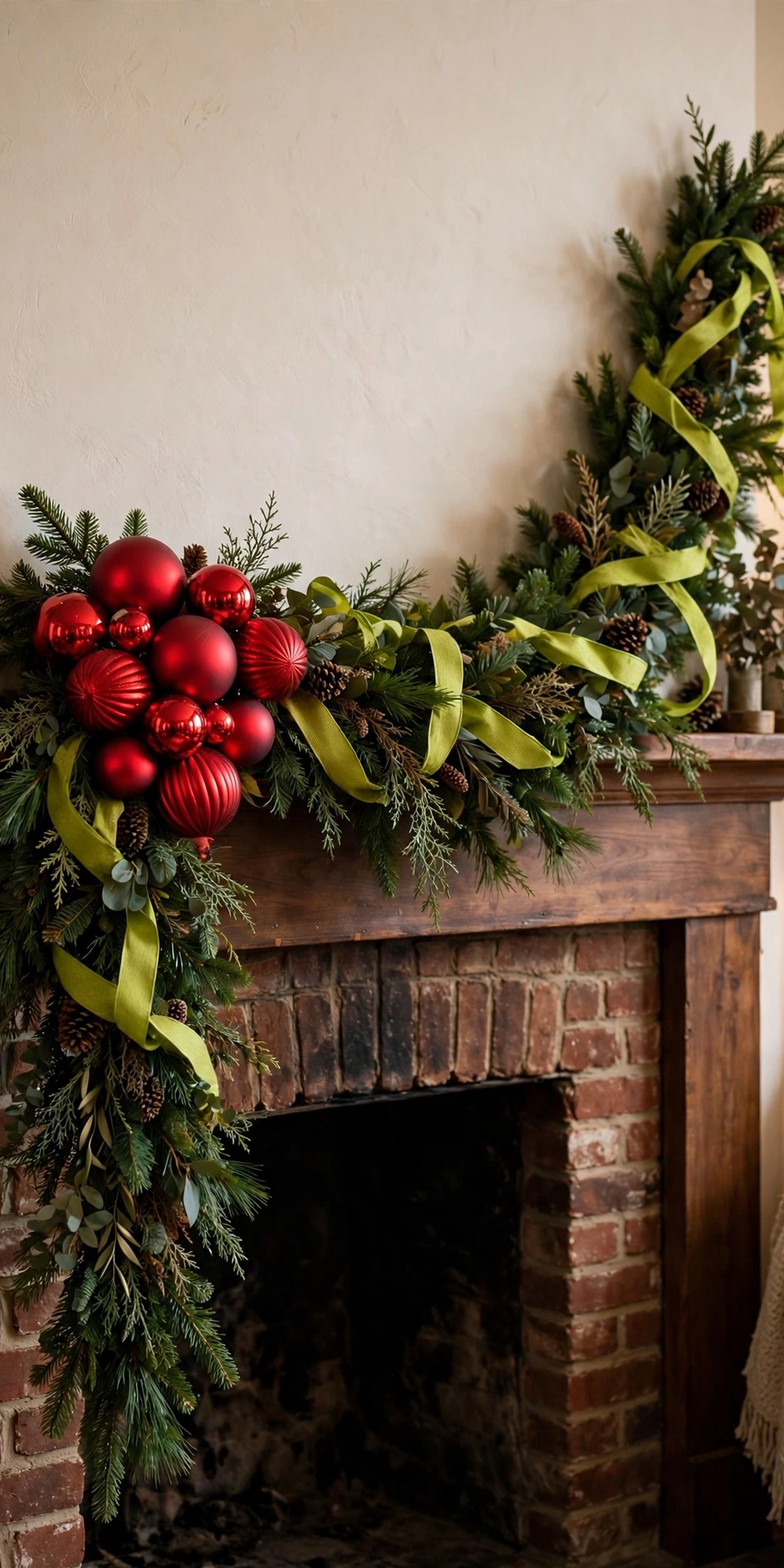 Asymmetric evergreen garland with lime ribbon and a cluster of oversized red ornaments draped on a mantel