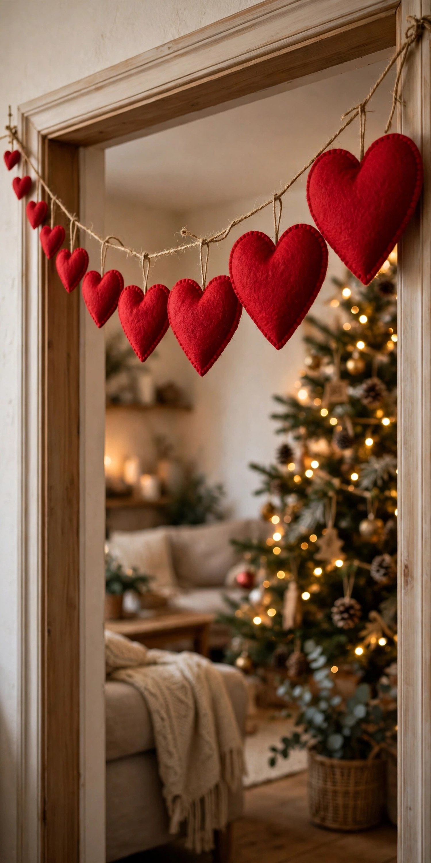 Garland of red felt hearts growing from small to large strung across a doorway
