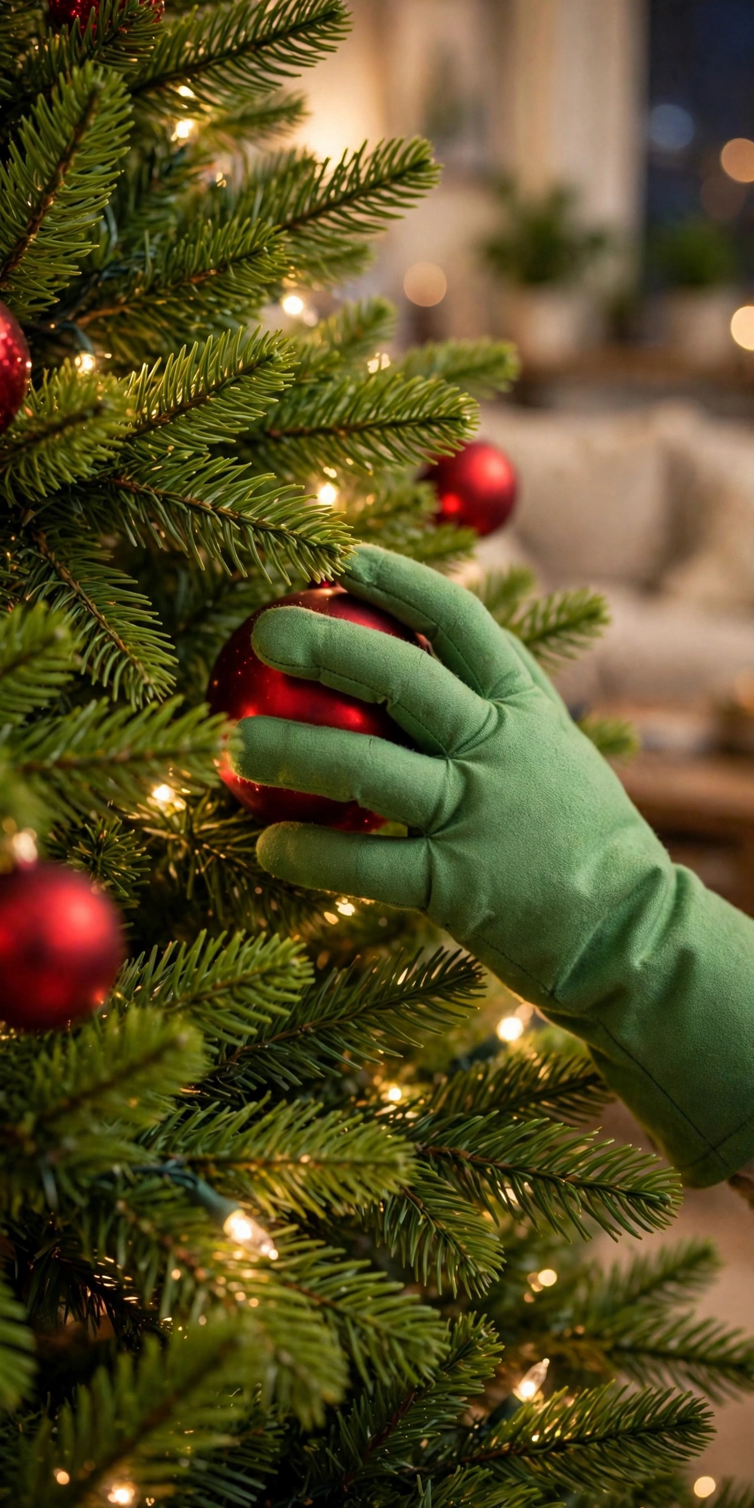 Green glove hand reaching out of Christmas tree branches holding a red ornament as if stealing it