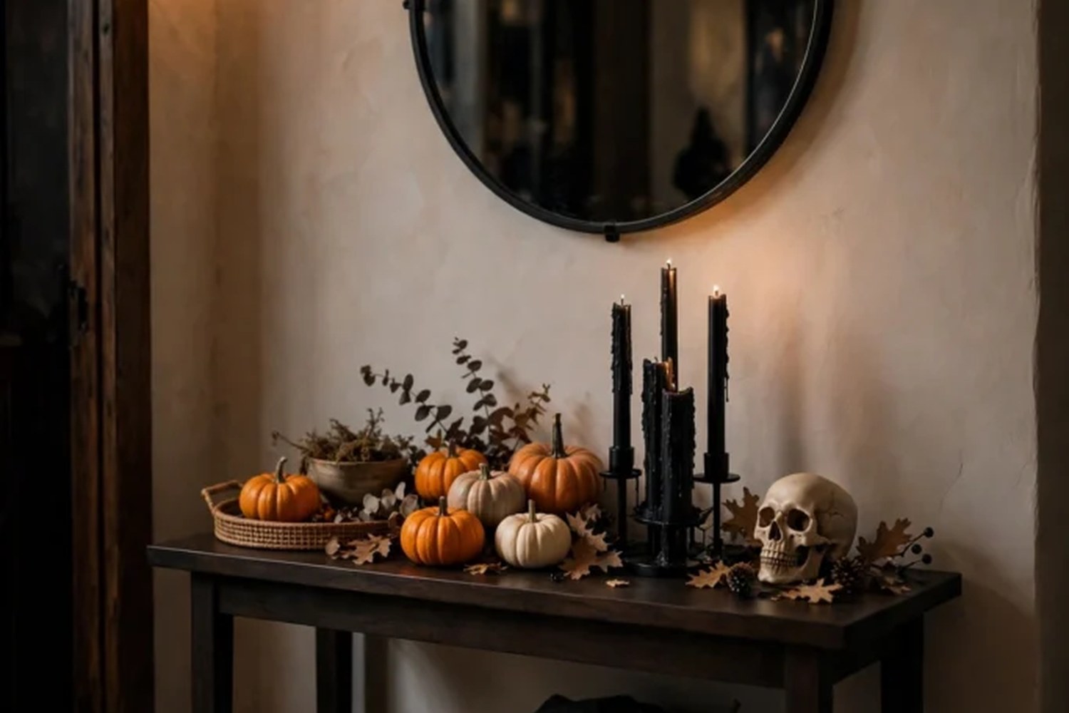 Entryway console table styled with pumpkins, candles, and a small Halloween sign under a mirror