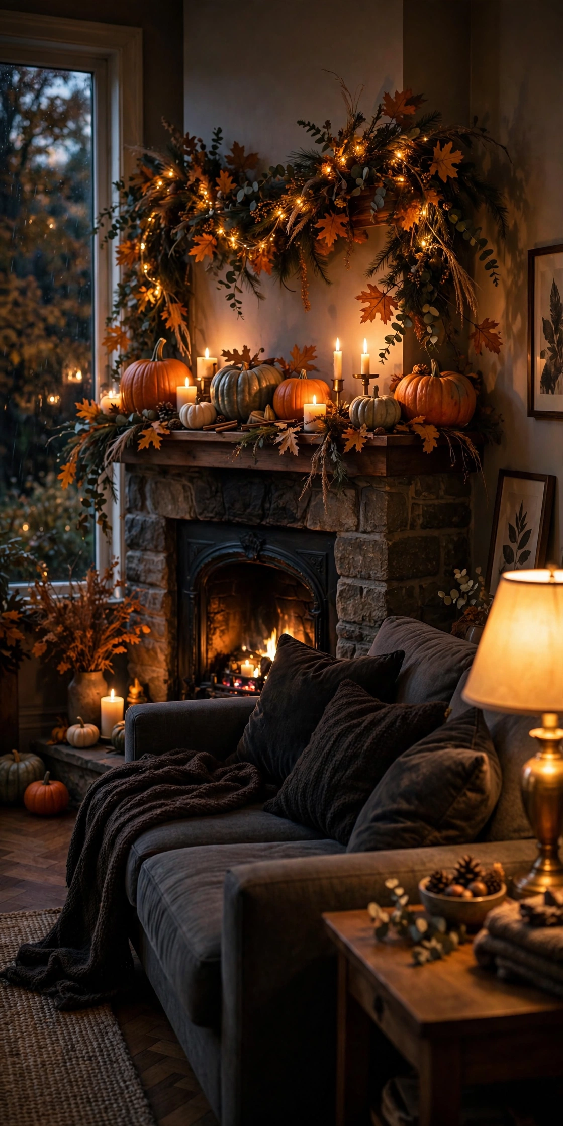 Cozy Halloween living room with candlelit mantel, pumpkins, dark throw pillows, and warm lamplight