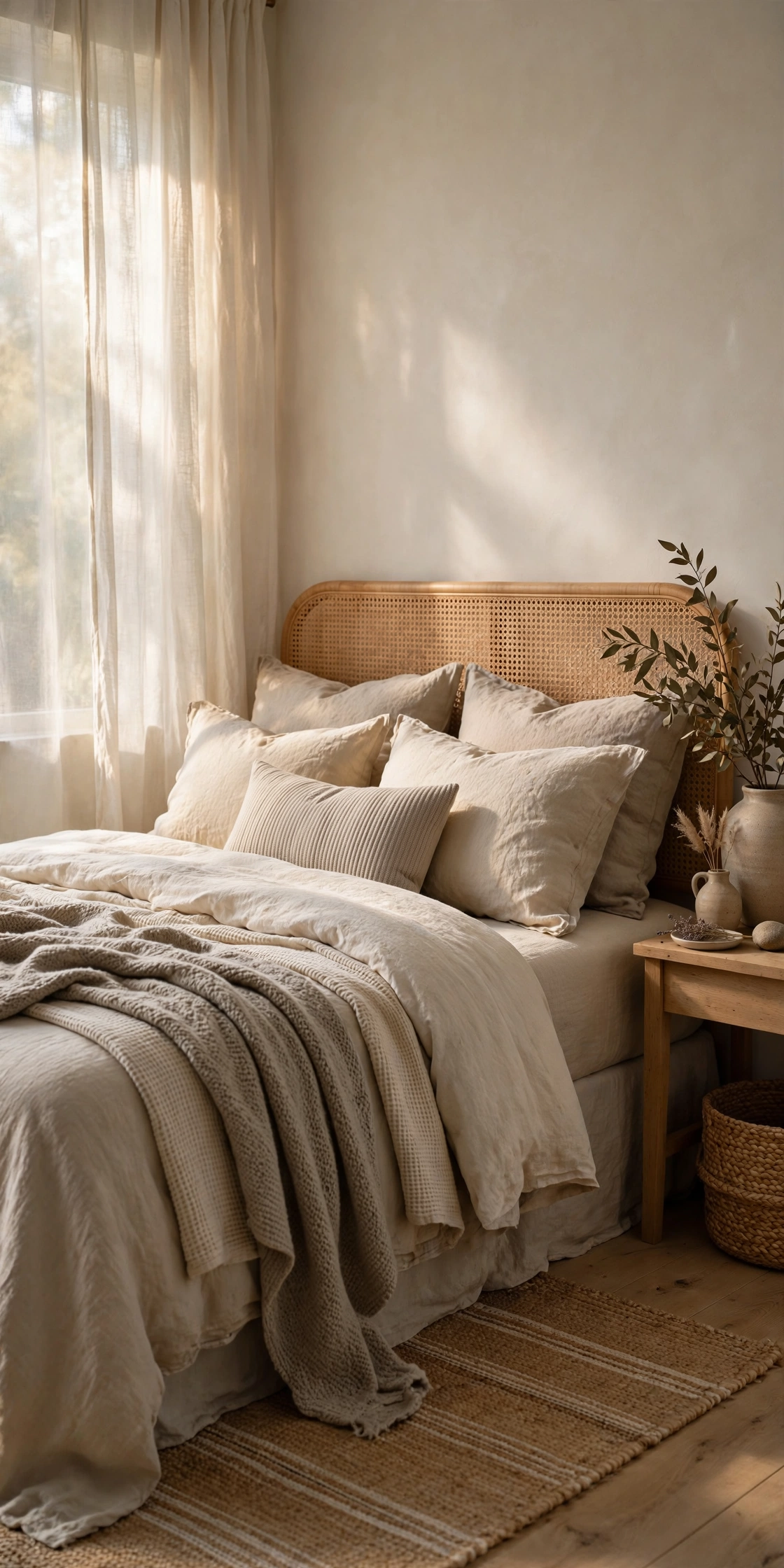 Cozy bedroom with layered neutral bedding in soft morning light