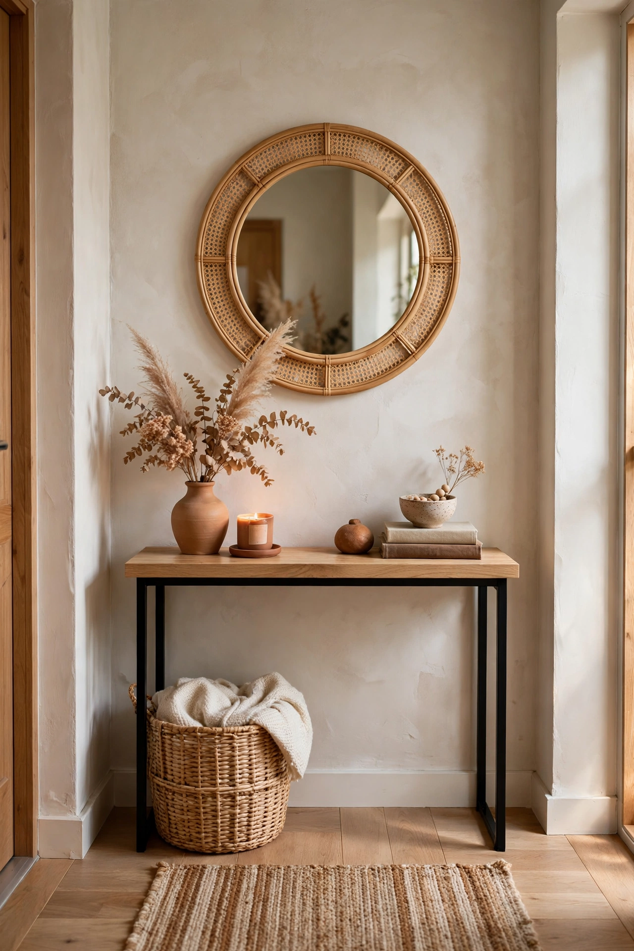 A cozy small entryway with a round mirror, woven basket, and slim console table