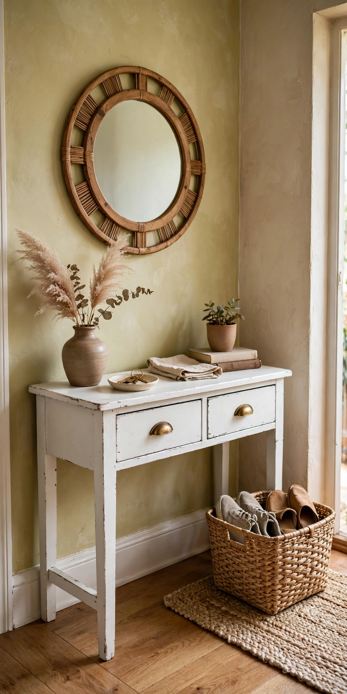 Cozy entryway corner with painted thrifted console table, mirror and shoe basket