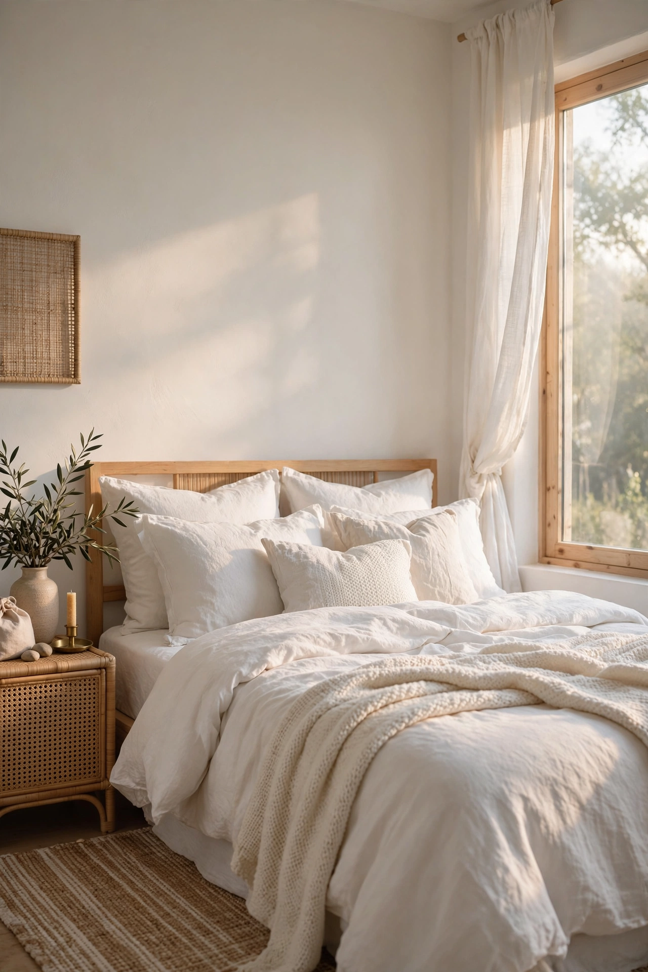 Calm bedroom with soft white bedding, layered pillows and gentle morning light