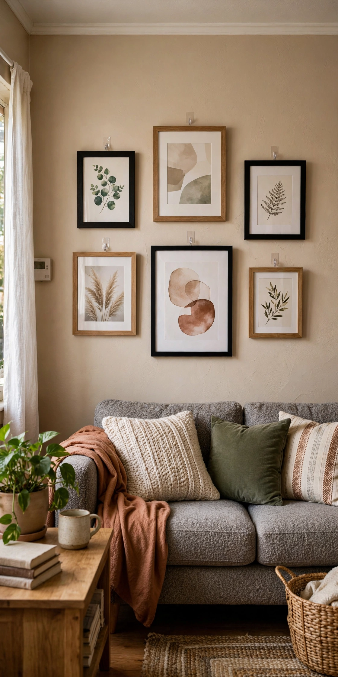 Living room gallery wall of framed art hung with adhesive hooks, no nails needed