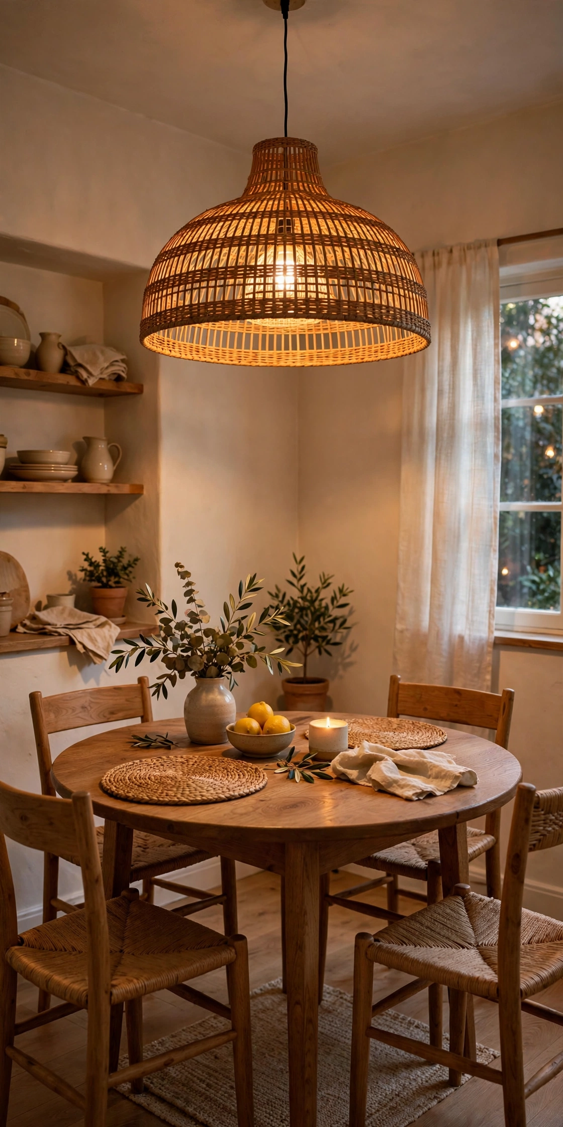 Small dining room with a rattan pendant light glowing over a round wooden table