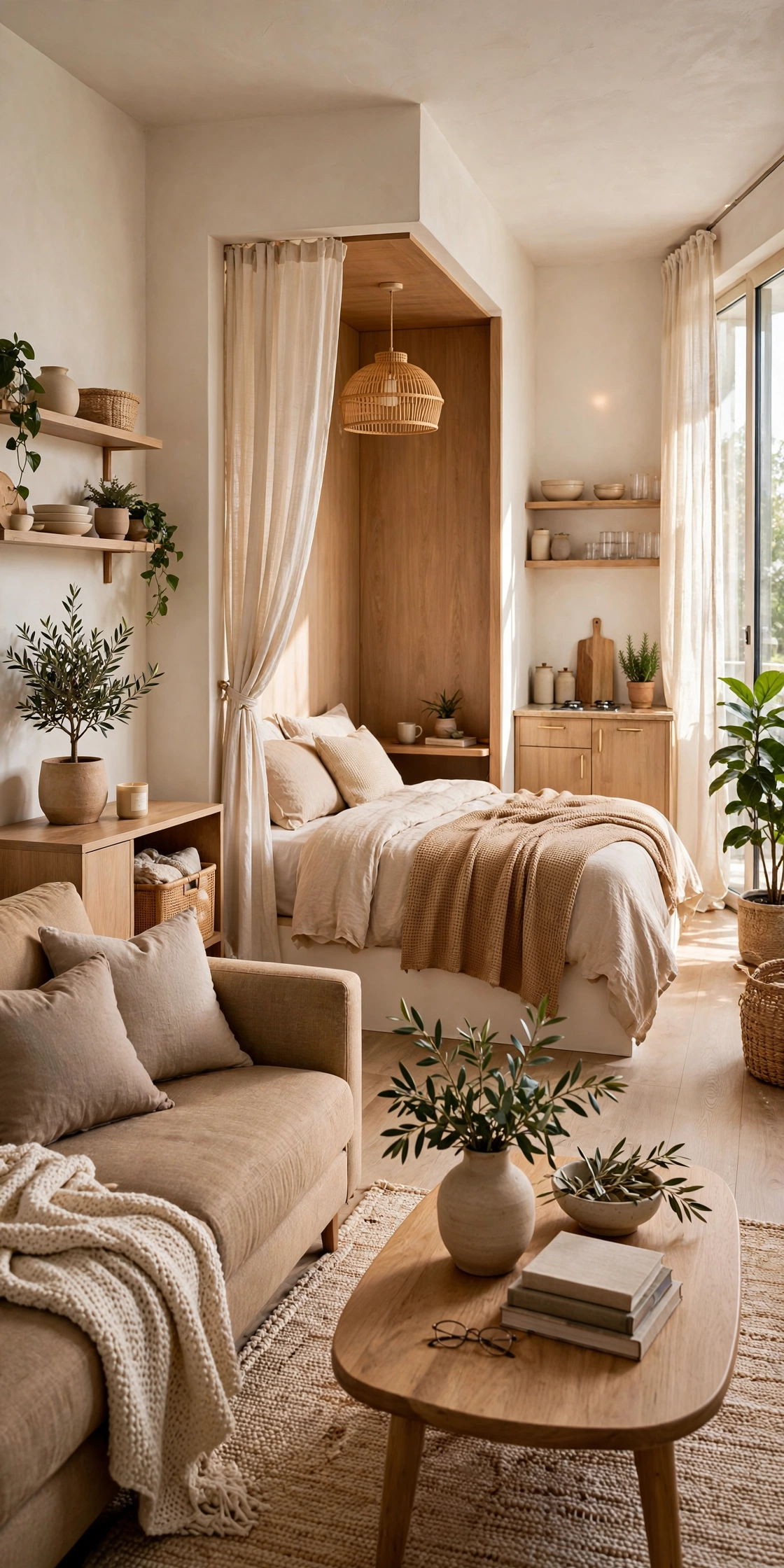 Bright studio apartment with a living area and bed nook in one open room