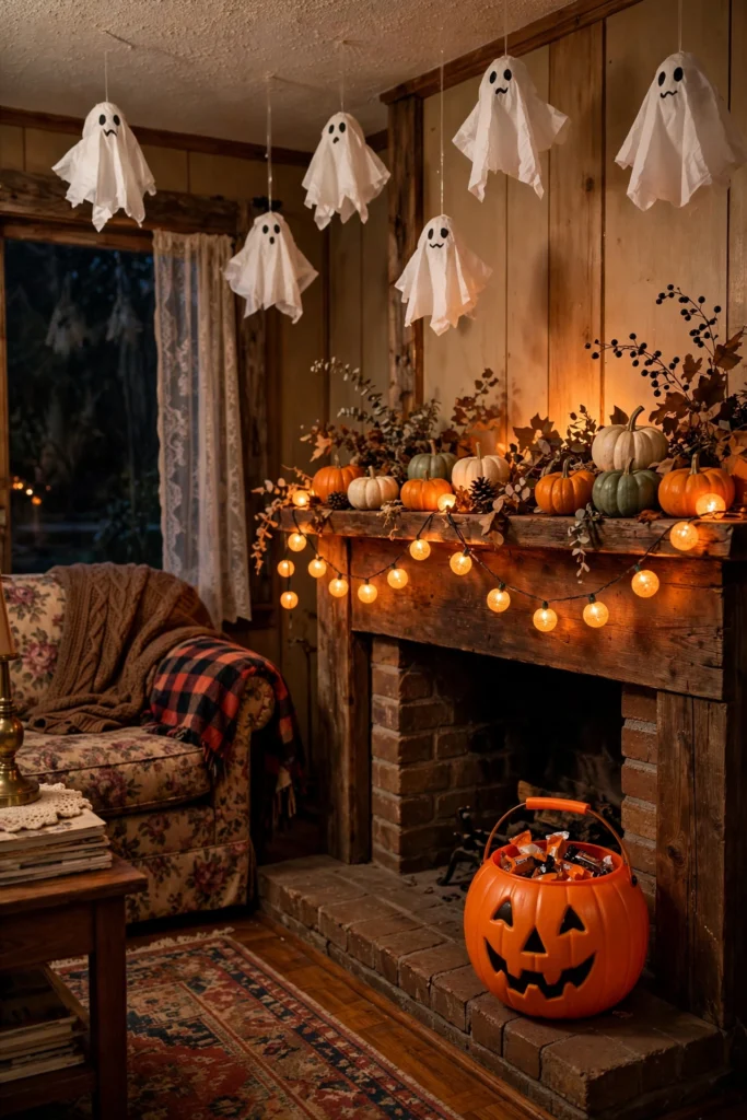 Nostalgic 90s Halloween living room with orange string lights, plastic pumpkin bucket, and tissue-paper ghosts