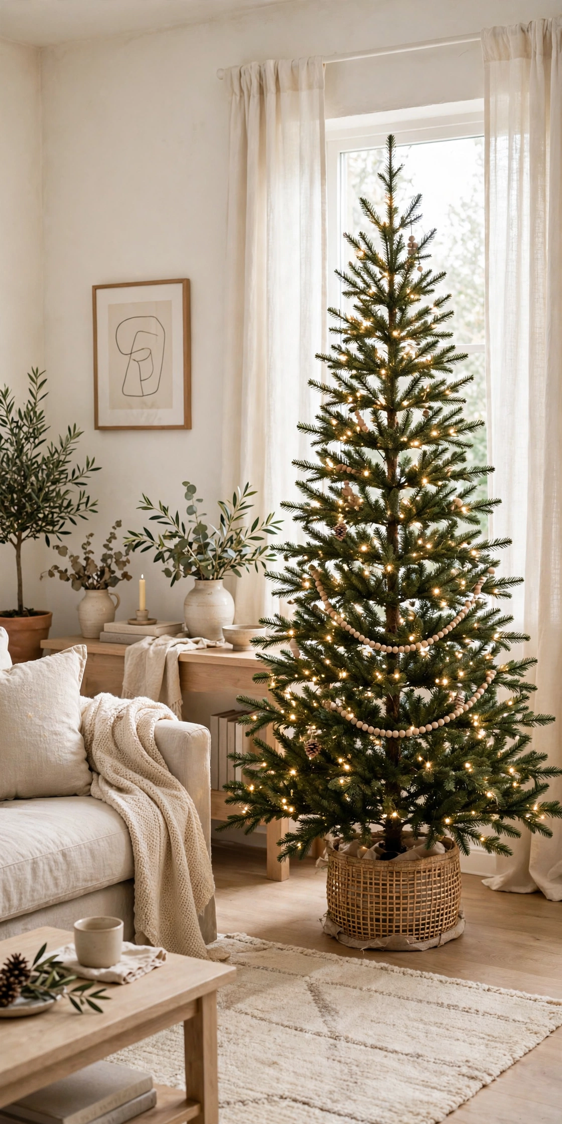 Simple Christmas tree with warm white lights in a bright cozy living room
