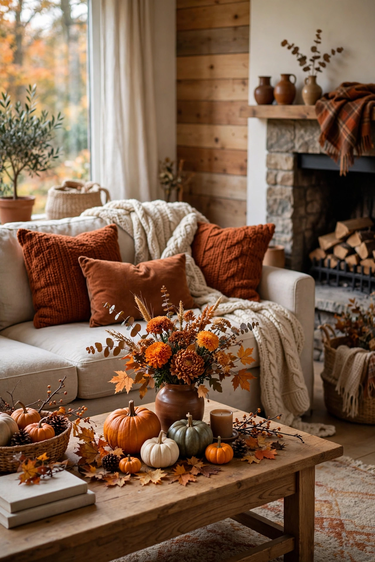 Cozy fall living room with rust pillows, knit throw, pumpkins and warm autumn flowers
