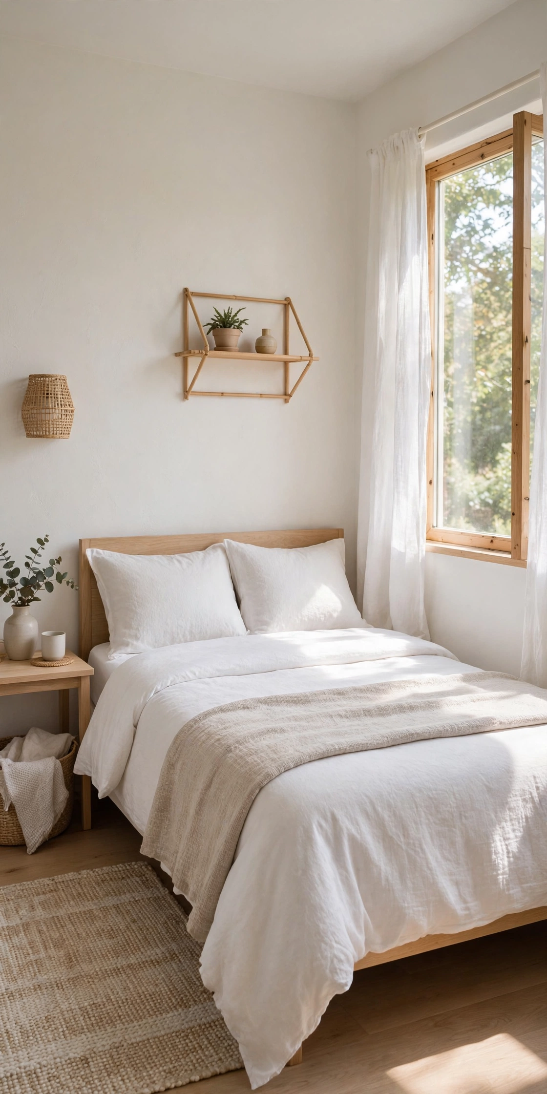 Small bright bedroom with light walls, neatly made bed and natural light