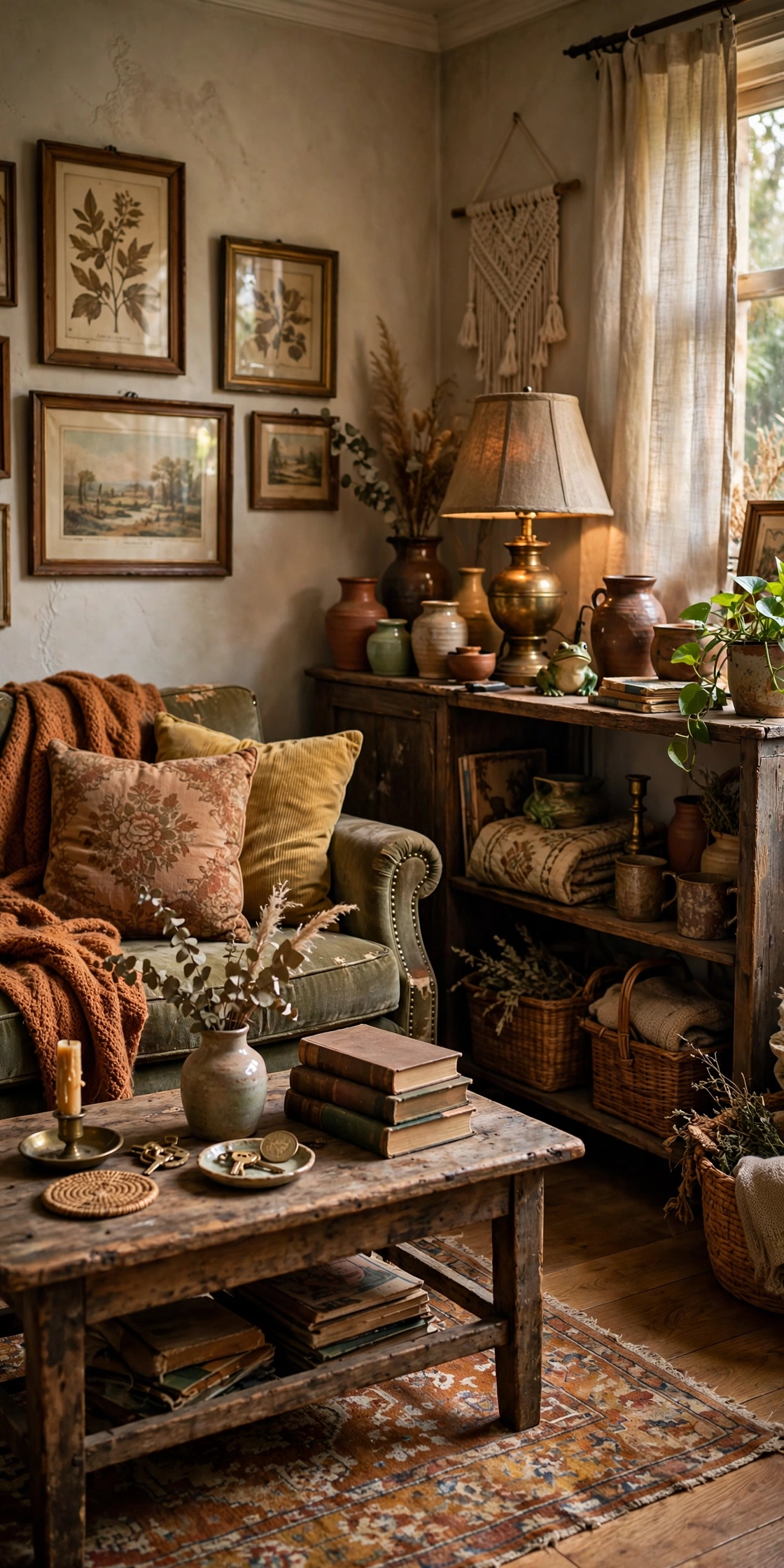 Cozy living room styled with vintage and secondhand decor finds
