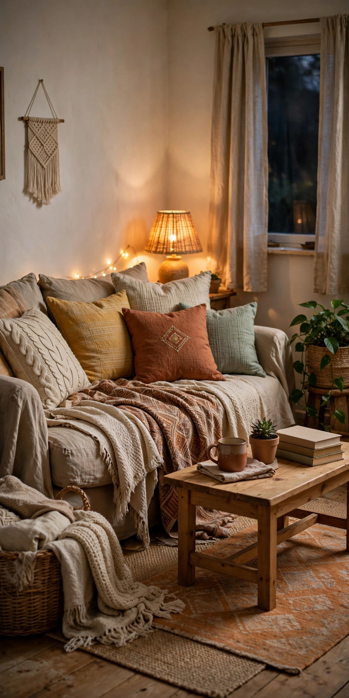 A cozy living room styled on a budget with layered textiles and warm lighting