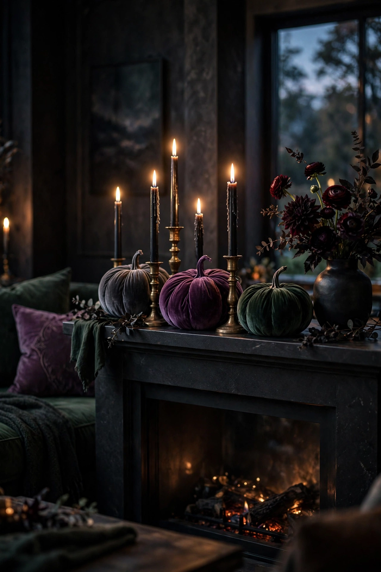 Elegant Halloween living room with velvet pumpkins, black taper candles in brass holders, and dark florals
