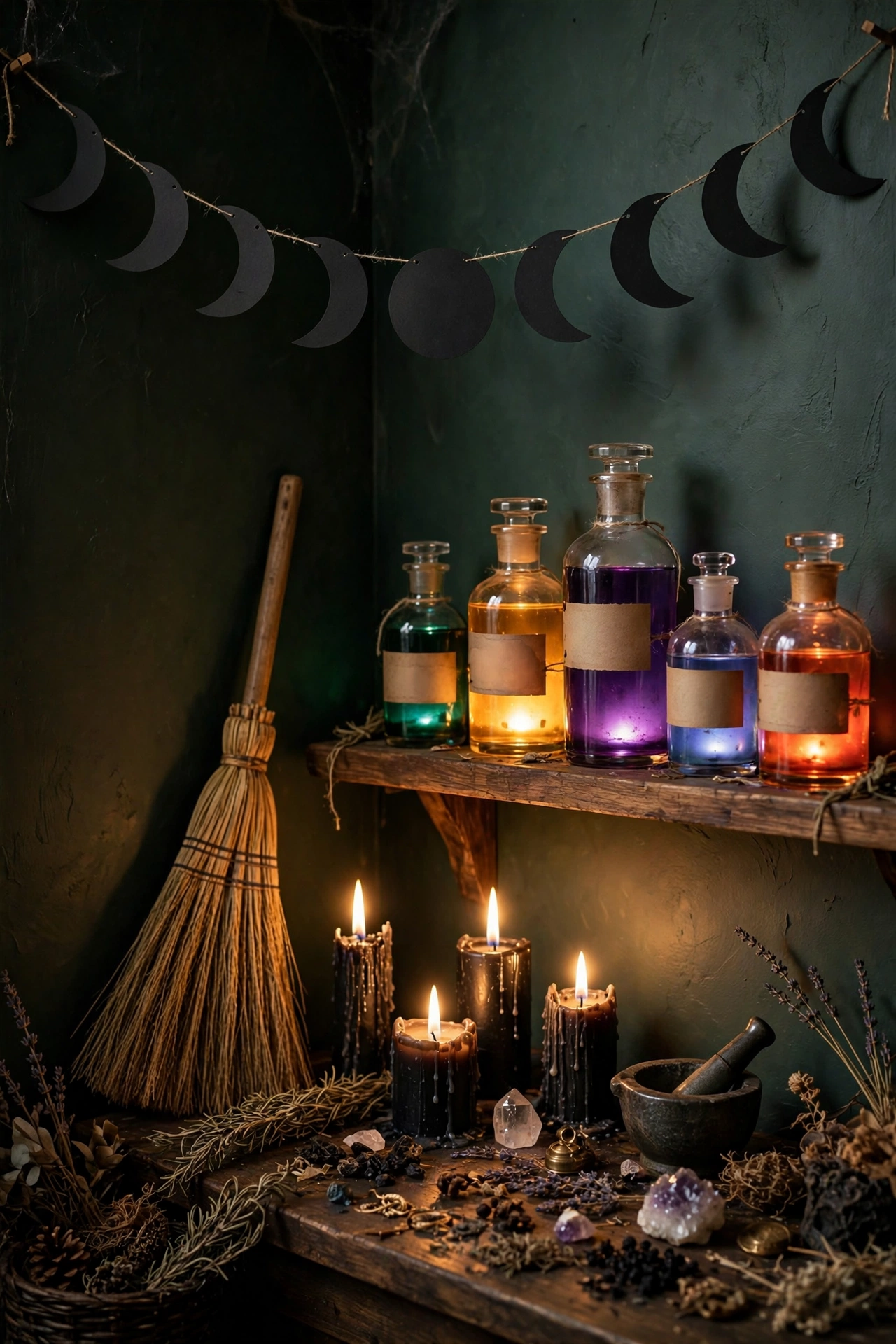Dollar store Halloween decor styled on a mantel: matte black, white and gold pumpkins, skull garland, black lace, and candles