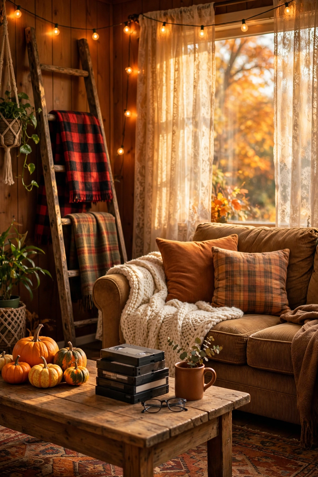 Cozy 90s fall living room with flannel blankets on a wooden ladder, plaid pillows, pumpkins and warm string lights